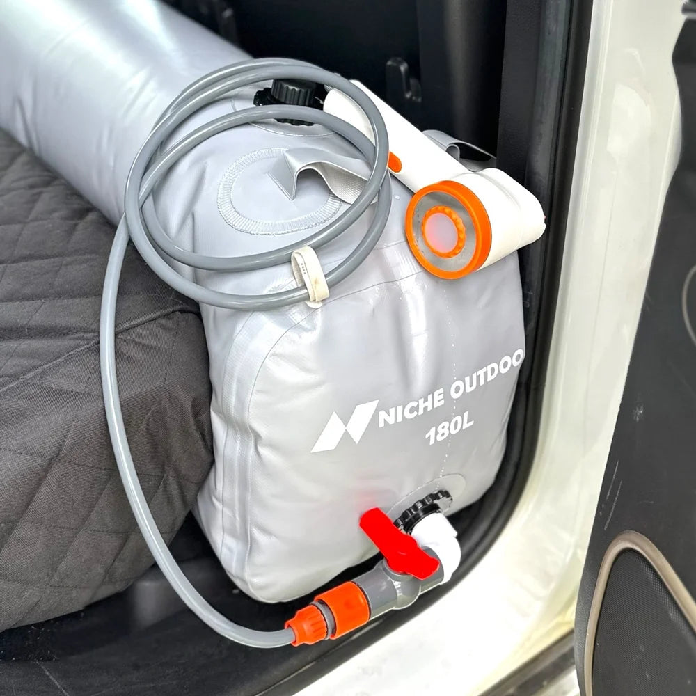 Niche Outdoors Portable Lithium Camp Shower and 180L Slim Flexible Water Bladder