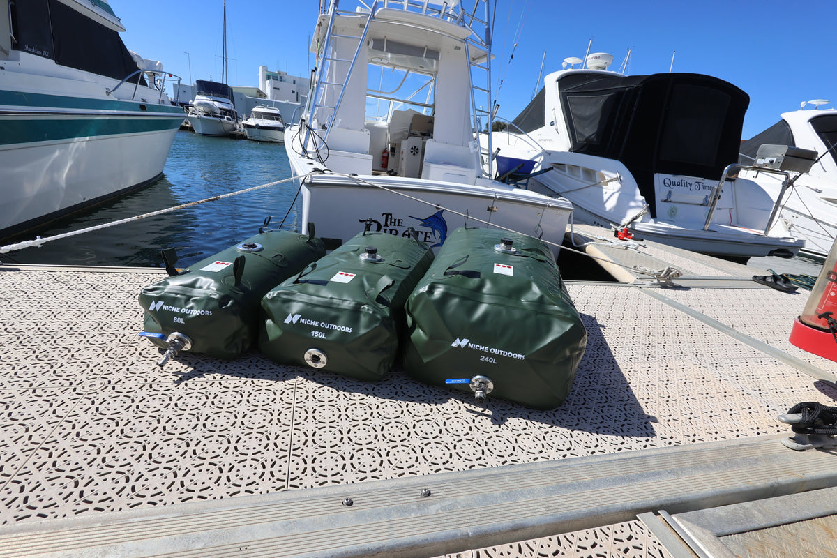 Niche Outdoors fuel bladder range: 80L, 150L and 240L sizes on the dock